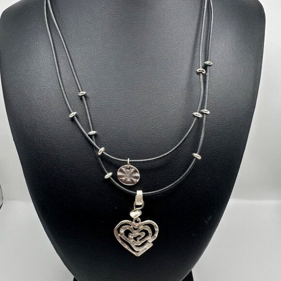 Chico's Necklace Jewlery Statement 21" Adjustable Silver Tone Cord Heart Pendant - Picture 1 of 5